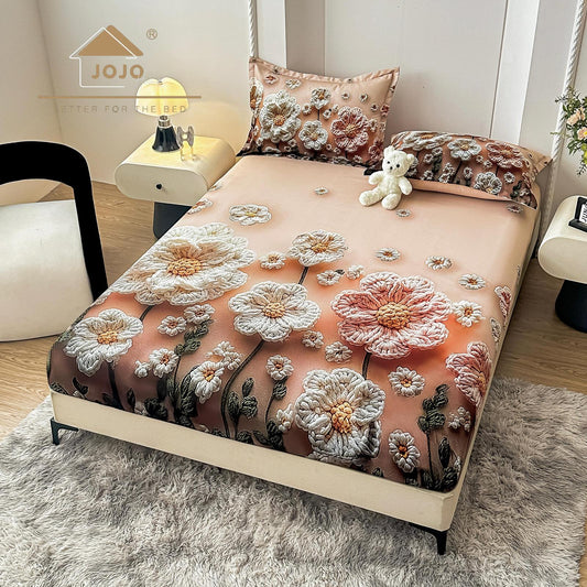 Husa de Pat cu Elastic, din Finet, 160x200cm+2 Fete de Perna, Imprimeu Digital, Flori-C10164