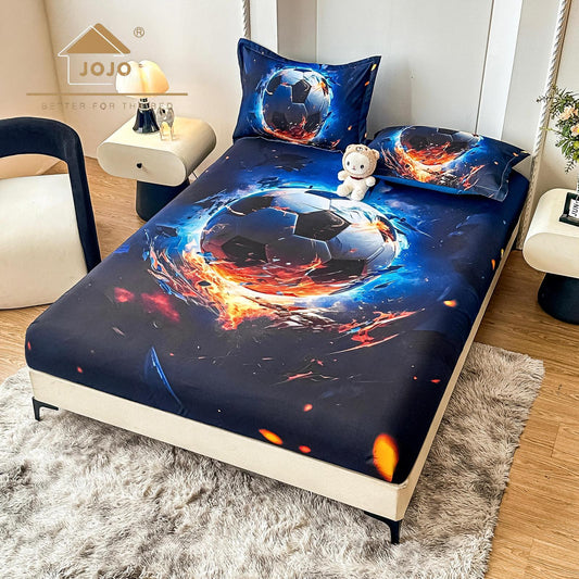 Husa de Pat cu Elastic, din Finet, 160x200cm+2 Fete de Perna, Imprimeu Digital, Football-C10159