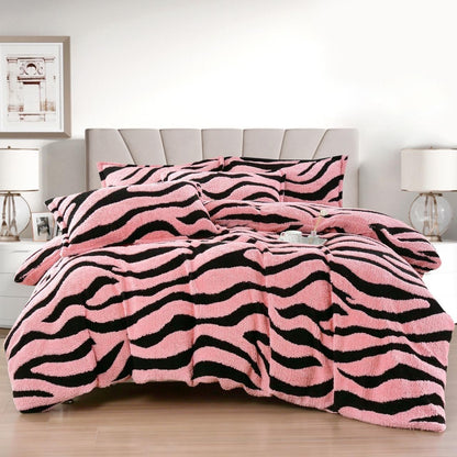 Lenjerie Pat Dublu Super Pufoasă, Cocolino Sherpa, 4 Piese, cu Elastic, Roz/Zebra Print-F9744