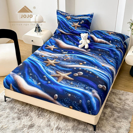 Husa de Pat cu Elastic, din Finet, 160x200cm+2 Fete de Perna, Imprimeu Digital, Ocean-C10151