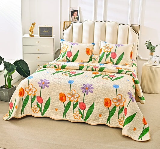 Cuvertura De Pat 3 Piese, din Bumbac Satinat, Floricele-A9830