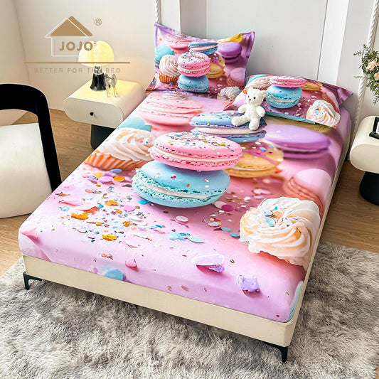 Husa de Pat cu Elastic, din Finet, 160x200cm+2 Fete de Perna, Imprimeu Digital, Macarons-C10152