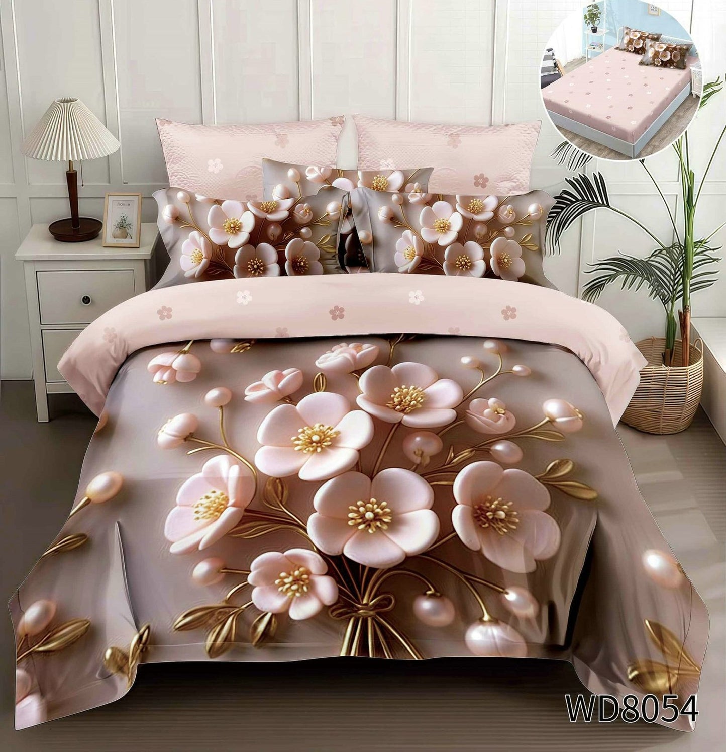 Lenjerie 5D Finet 4 Piese, cu Elastic, Imprimeu Identic cu Poza, Floricele-P10209