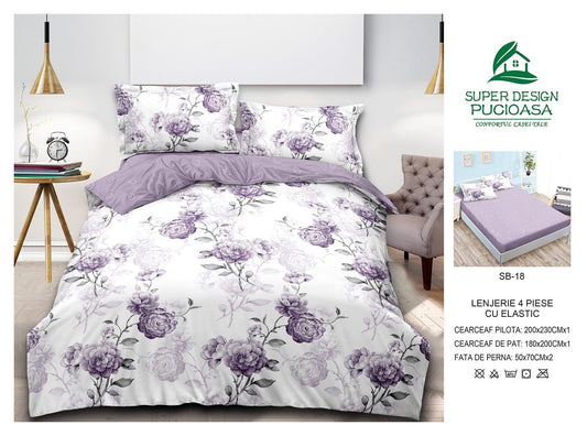 Lenjerie Pat Dublu cu Elastic din Bumbac Satinat Superior cu 4 Piese, Flori-V8746