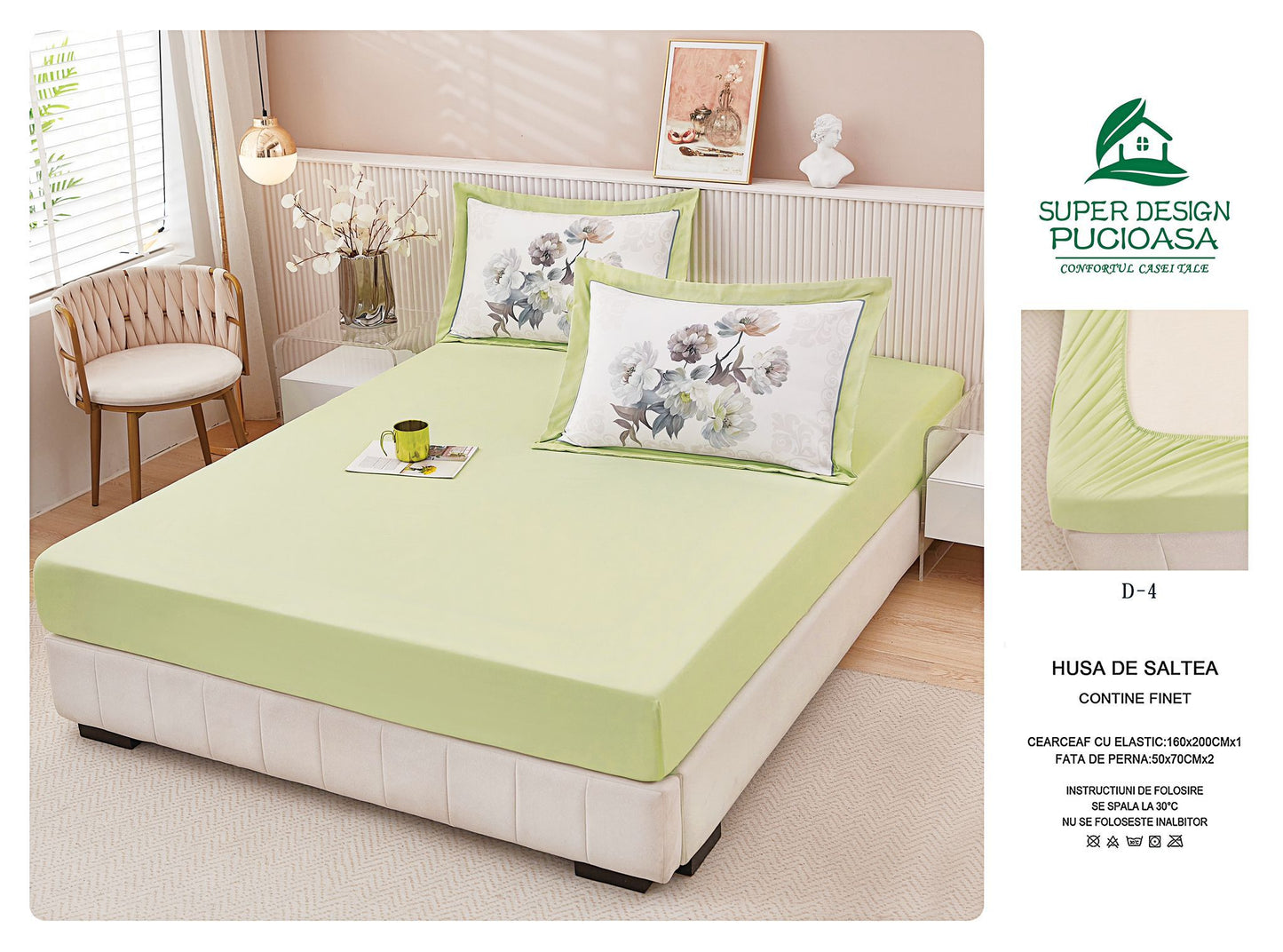 Husa de Pat cu Elastic, din Finet, 160x200cm+2 Fete de Perna, Verde Fistic-V10463