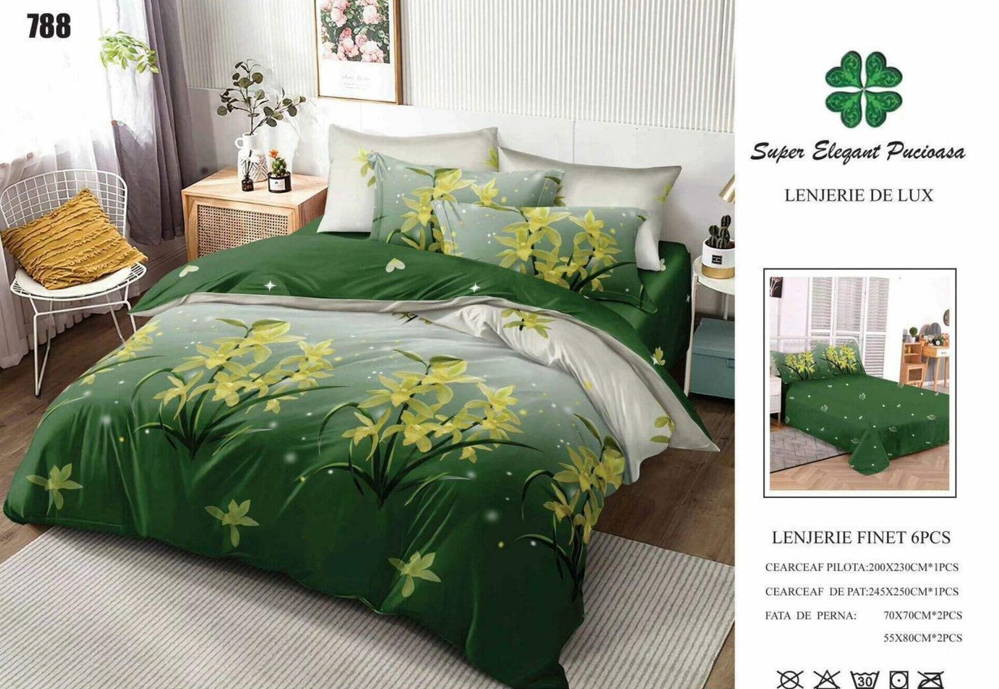 Lenjerie Pat Dublu din Finet, 6 Piese, Verde/Flori-SEP9077