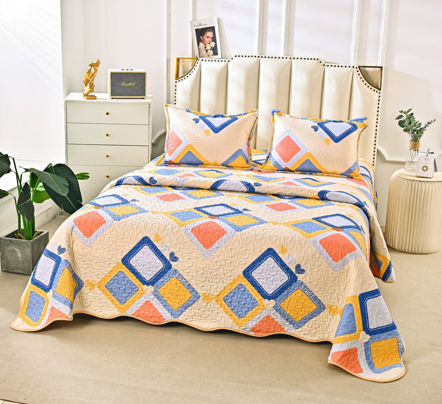 Cuvertura De Pat 3 Piese, din Bumbac Satinat, Geometrie-A9853