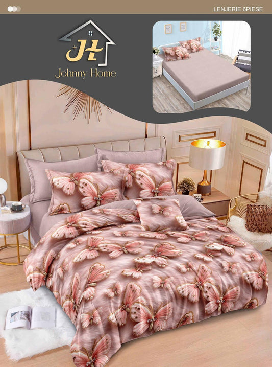 Lenjerie Pat Dublu din Finet, 6 Piese, cu Elastic, Fluturi-H11001