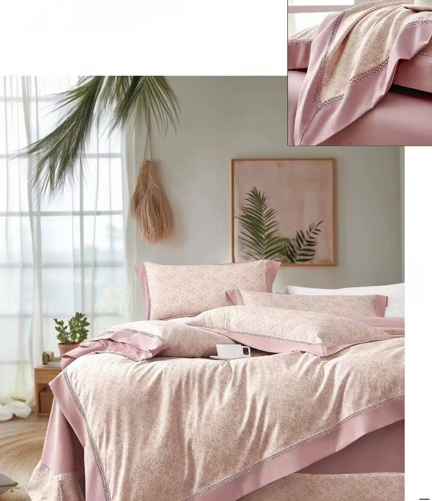 Lenjerie Luxury din Bumbac Satinat Premium, 4 Piese, Roz/Floricele-CF10297