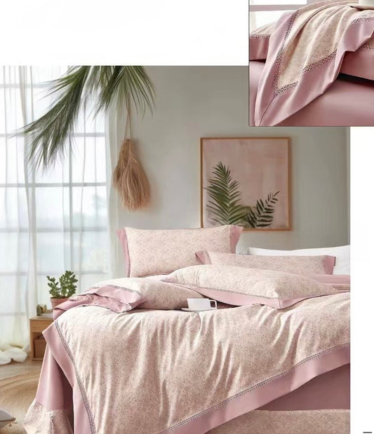 Lenjerie Luxury din Bumbac Satinat Premium, 4 Piese, Roz/Floricele-CF10297