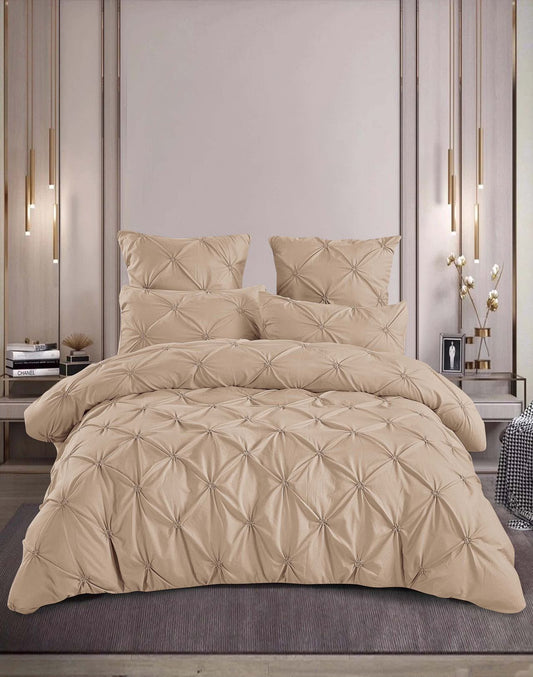 Lenjerie Bumbac Premium 6 Piese, cu Pliuri Brodate, Bej Inchis-M4488