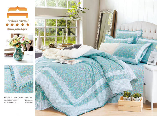 Lenjerie Bumbac Finet Premium 4 Piese cu Volanase, Bleu/Floricele-M9572