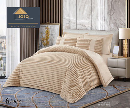 Lenjerie Pat cu Pilota Inclusa, Blanita Iepure Artificiala, Cearceaf de Pat Cu Elastic, 6 Piese, Bej-C9805