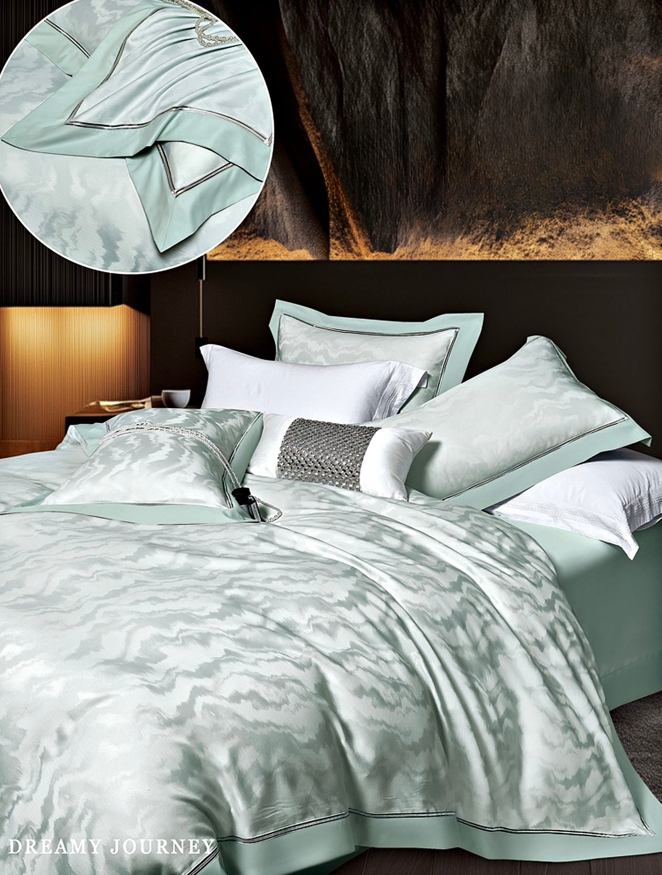 Lenjerie Luxury din Bumbac Satinat Premium, 4 Piese, Verde/Valuri-CF10303