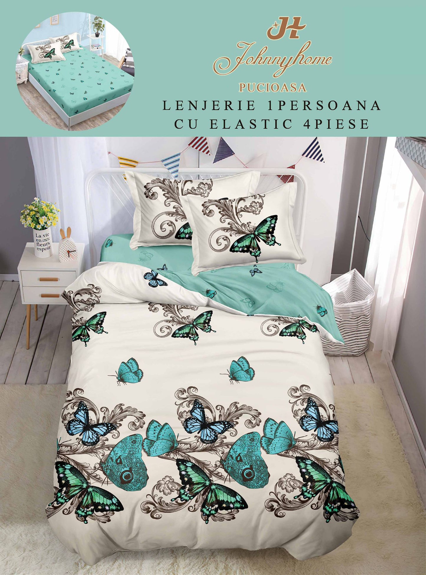 Lenjerie Finet 4 Piese 1 Persoana, cu Elastic, Fluturi-H9046