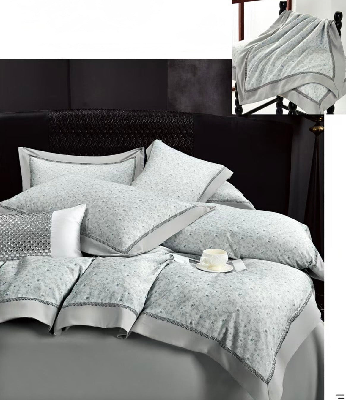 Lenjerie Luxury din Bumbac Satinat Premium, 4 Piese, Gri/Floricele-CF10290