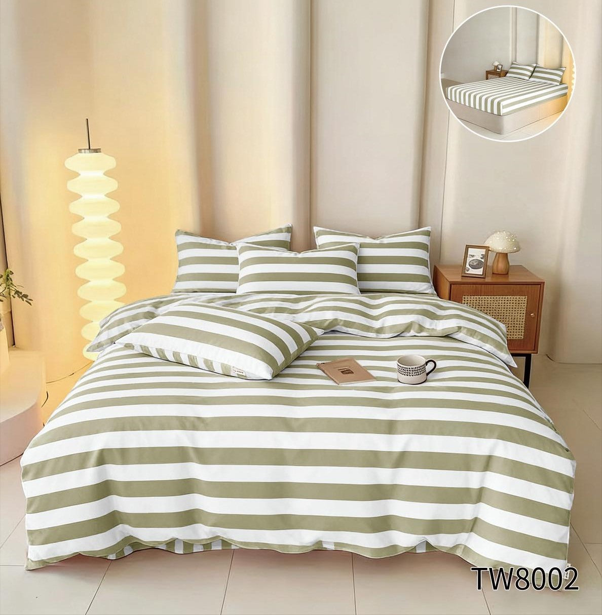 Lenjerie Pat Dublu cu Elastic din Finet cu 4 Piese, Dungi-P11078