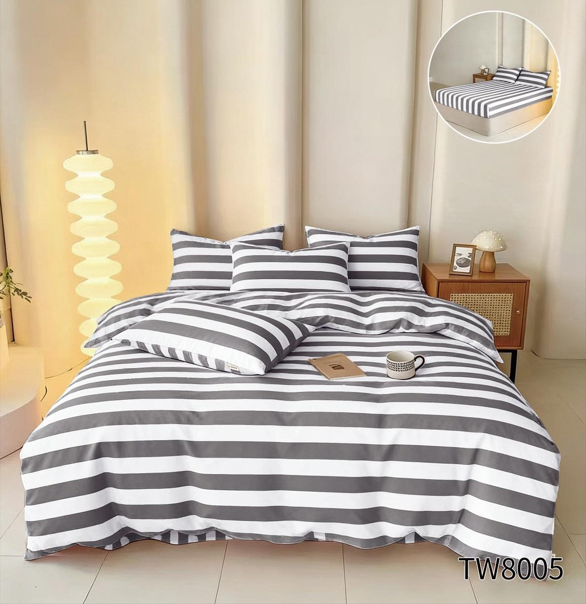 Lenjerie Pat Dublu cu Elastic din Finet cu 4 Piese, Dungi-P11079