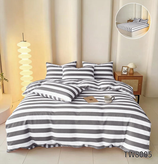 Lenjerie Pat Dublu cu Elastic din Finet cu 4 Piese, Dungi-P11079
