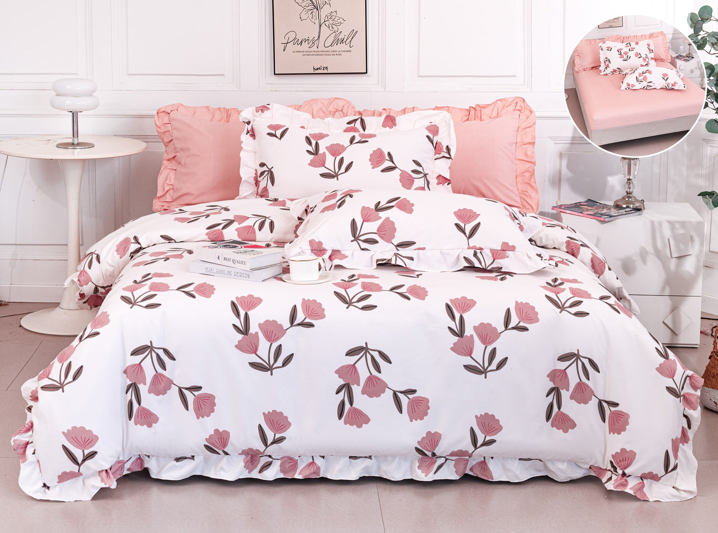 Lenjerie Bumbac Tip Finet, 6 Piese, cu Elastic si Volanas, Floricele-A10326