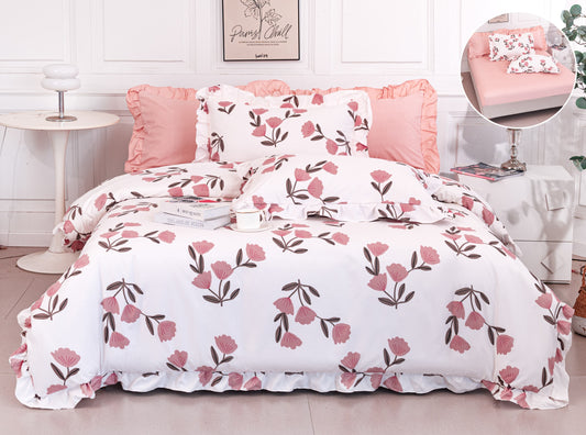 Lenjerie Bumbac Tip Finet, 6 Piese, cu Elastic si Volanas, Floricele-A10326