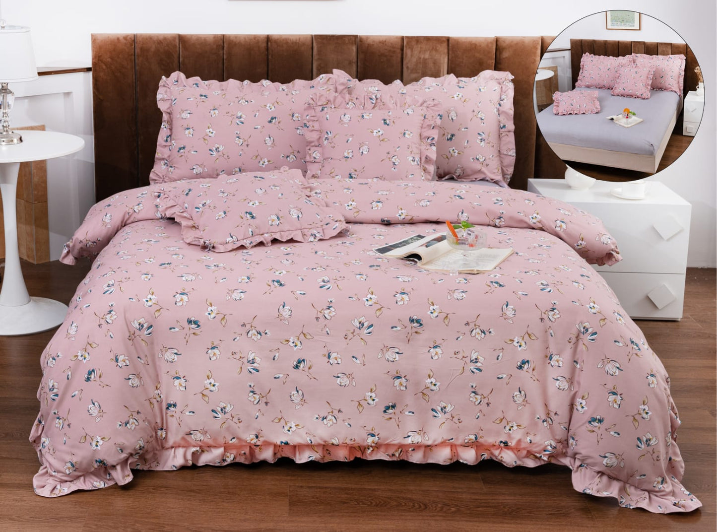 Lenjerie Bumbac Tip Finet, 6 Piese, cu Elastic si Volanas, Floricele-A10341