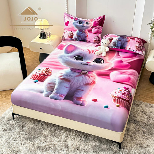 Husa de Pat cu Elastic, din Finet, 160x200cm+2 Fete de Perna, Imprimeu Digital, Pisicuta-C10171