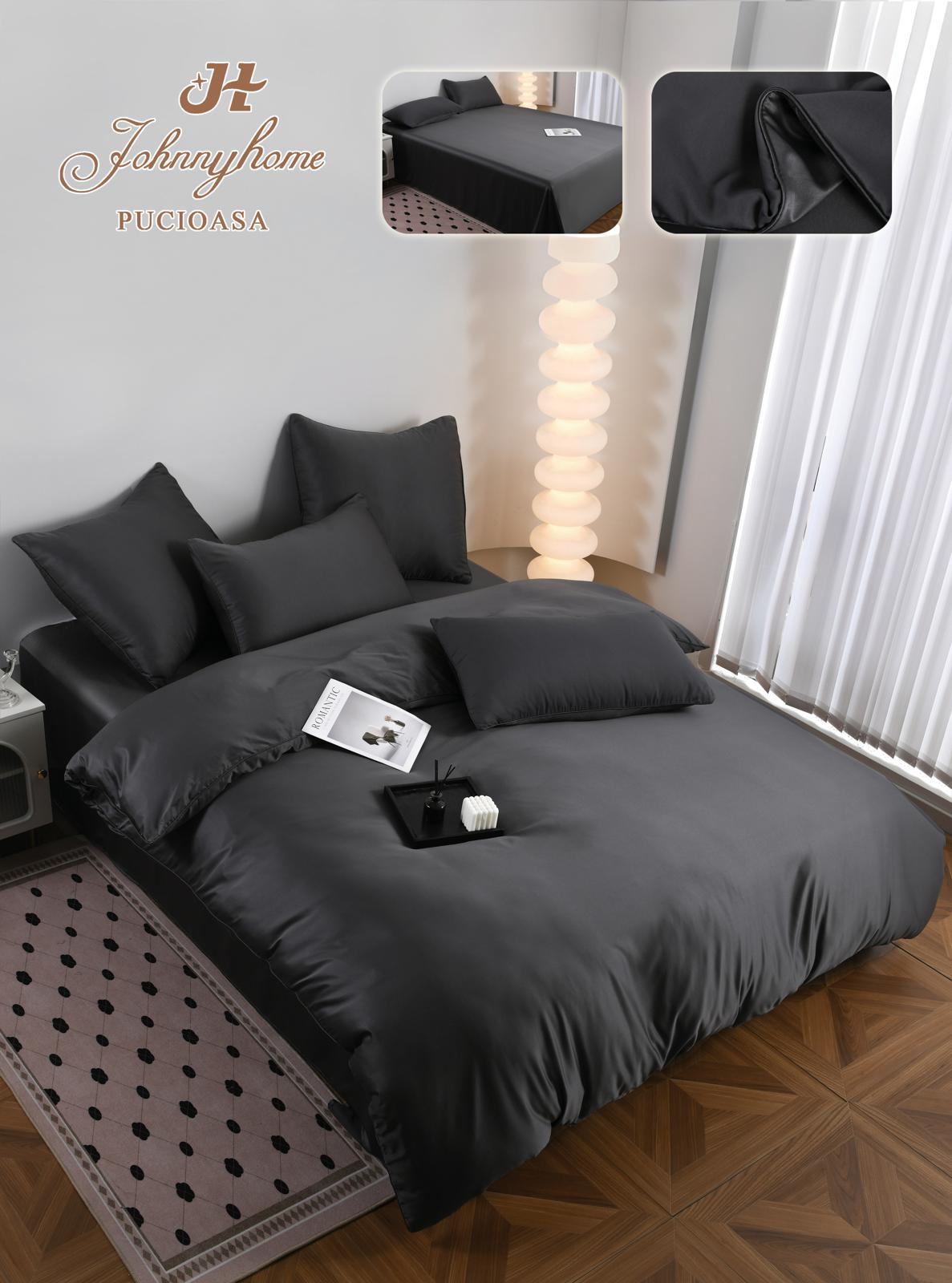 Lenjerie Luxury Pat Dublu, Tip Matase Satinata, 6 Piese, Antracit-H9498