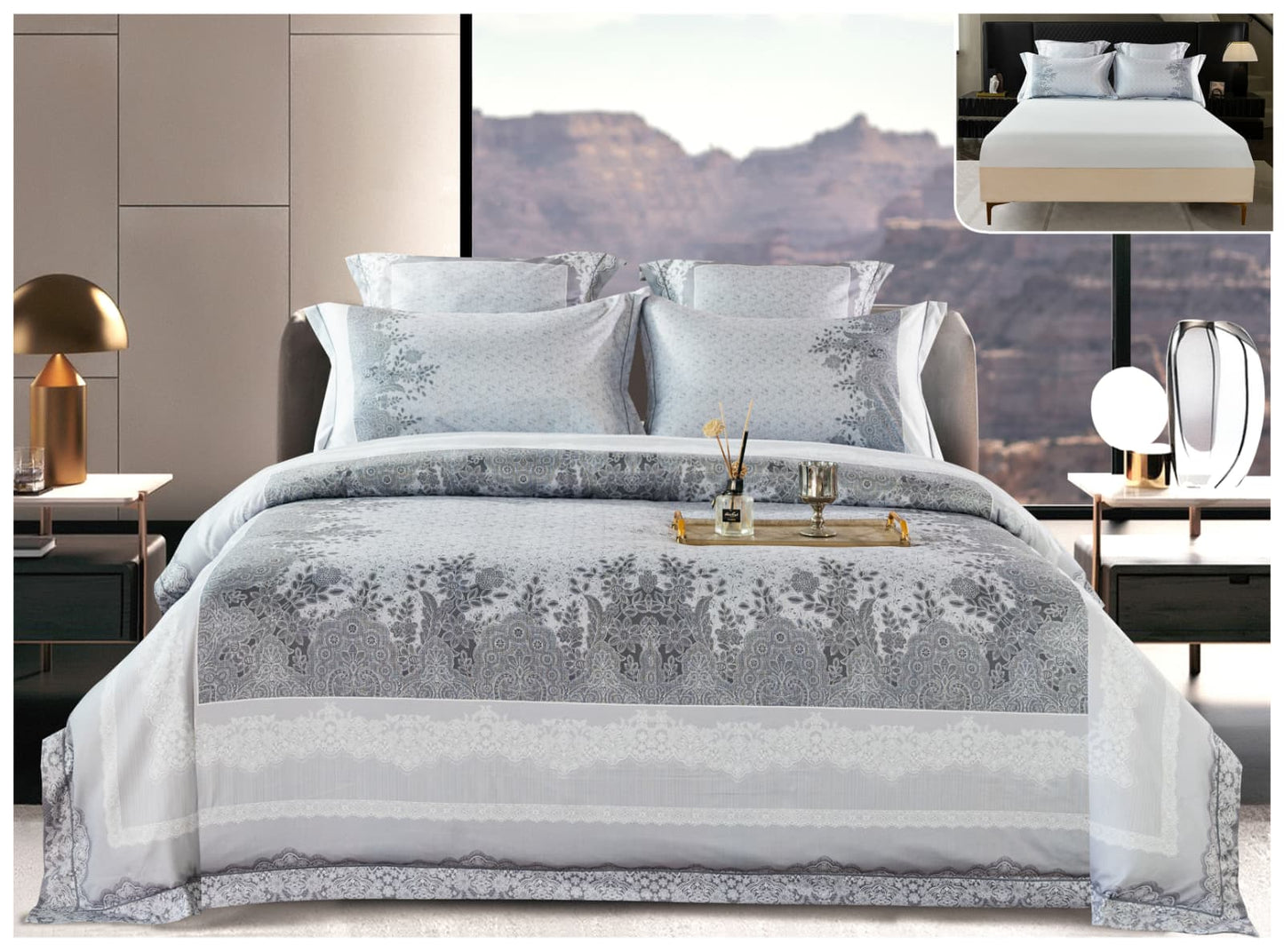 Lenjerie Premium Luxury, Pat Dublu, Satin Gros, 6 Piese cu Elastic, Floral Grey-A10272
