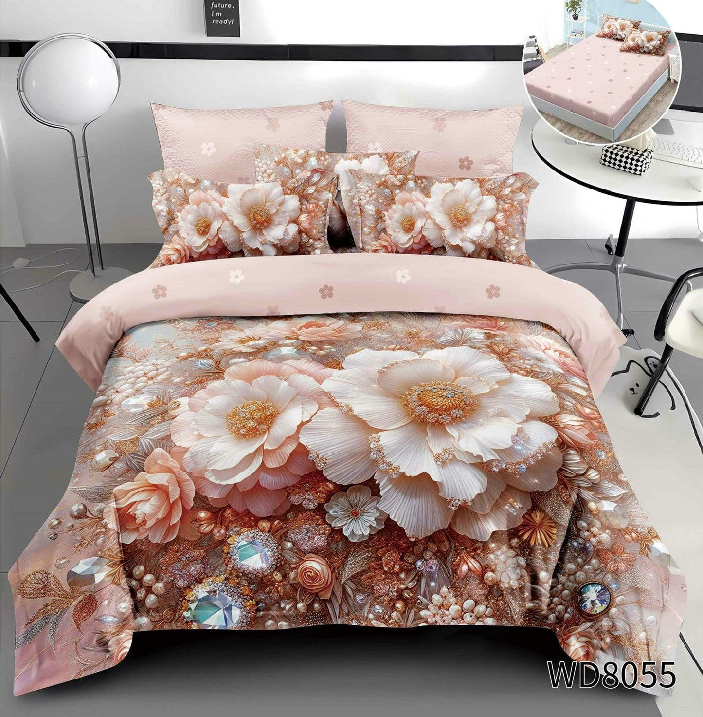 Lenjerie 5D Finet 4 Piese, cu Elastic, Imprimeu Identic cu Poza, Floricele-P10211