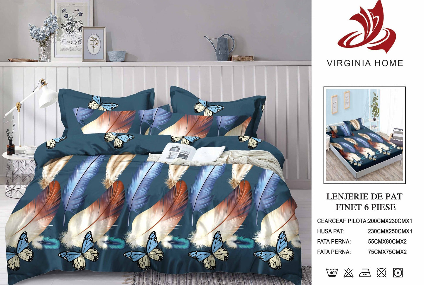 Lenjerie Pat Dublu din Finet, 6 Piese, cu Elastic, Pene-V8923