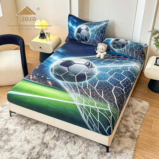 Husa de Pat cu Elastic, din Finet, 160x200cm+2 Fete de Perna, Imprimeu Digital, Football-C10167