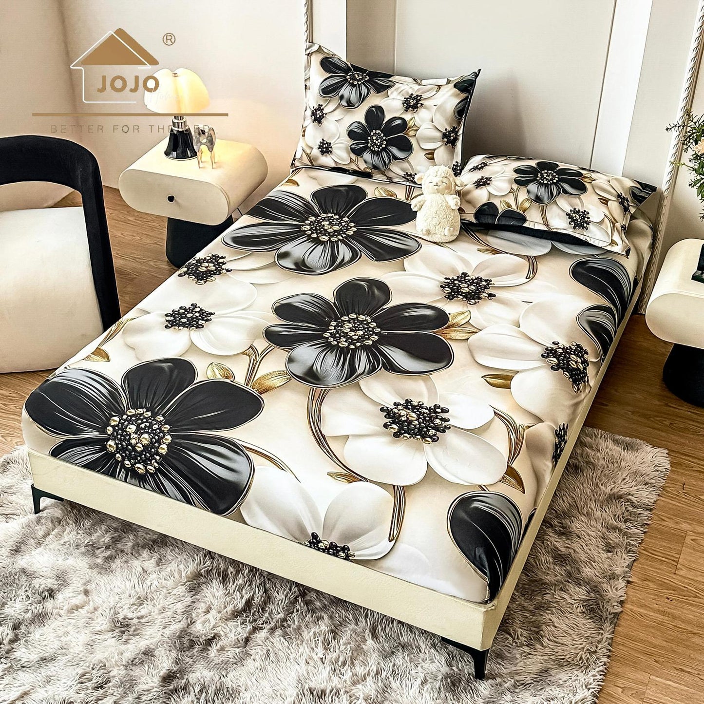 Husa de Pat cu Elastic, din Finet, 160x200cm+2 Fete de Perna, Imprimeu Digital, Flori-C10168