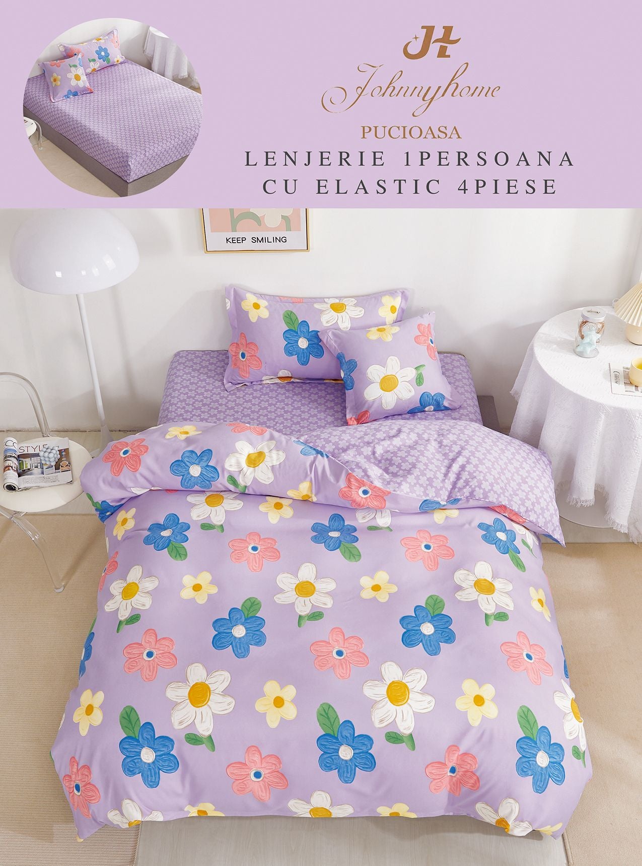 Lenjerie Finet 4 Piese 1 Persoana, cu Elastic, Floricele-H9042