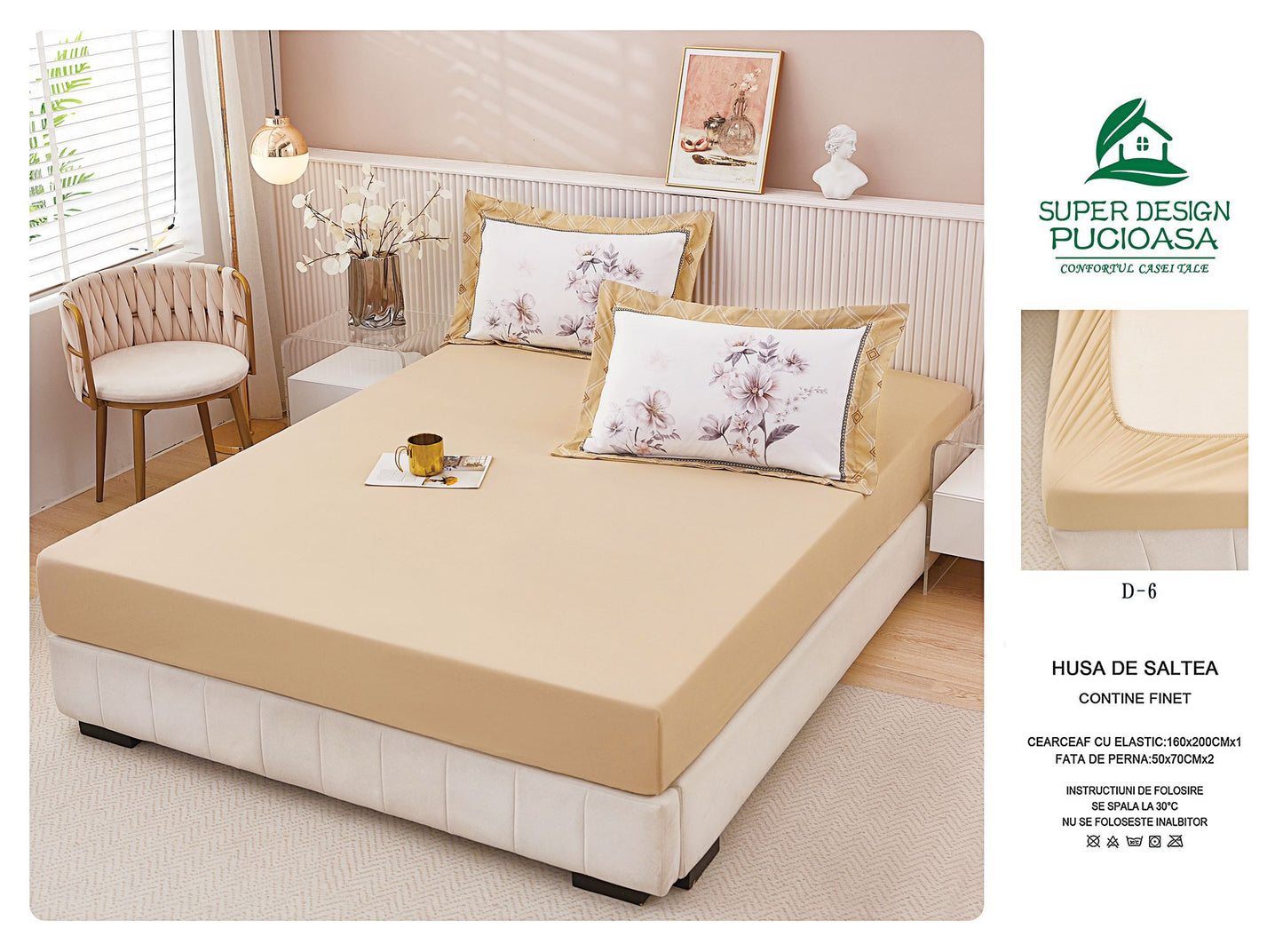 Husa de Pat cu Elastic, din Finet, 160x200cm+2 Fete de Perna, Bej-V10457