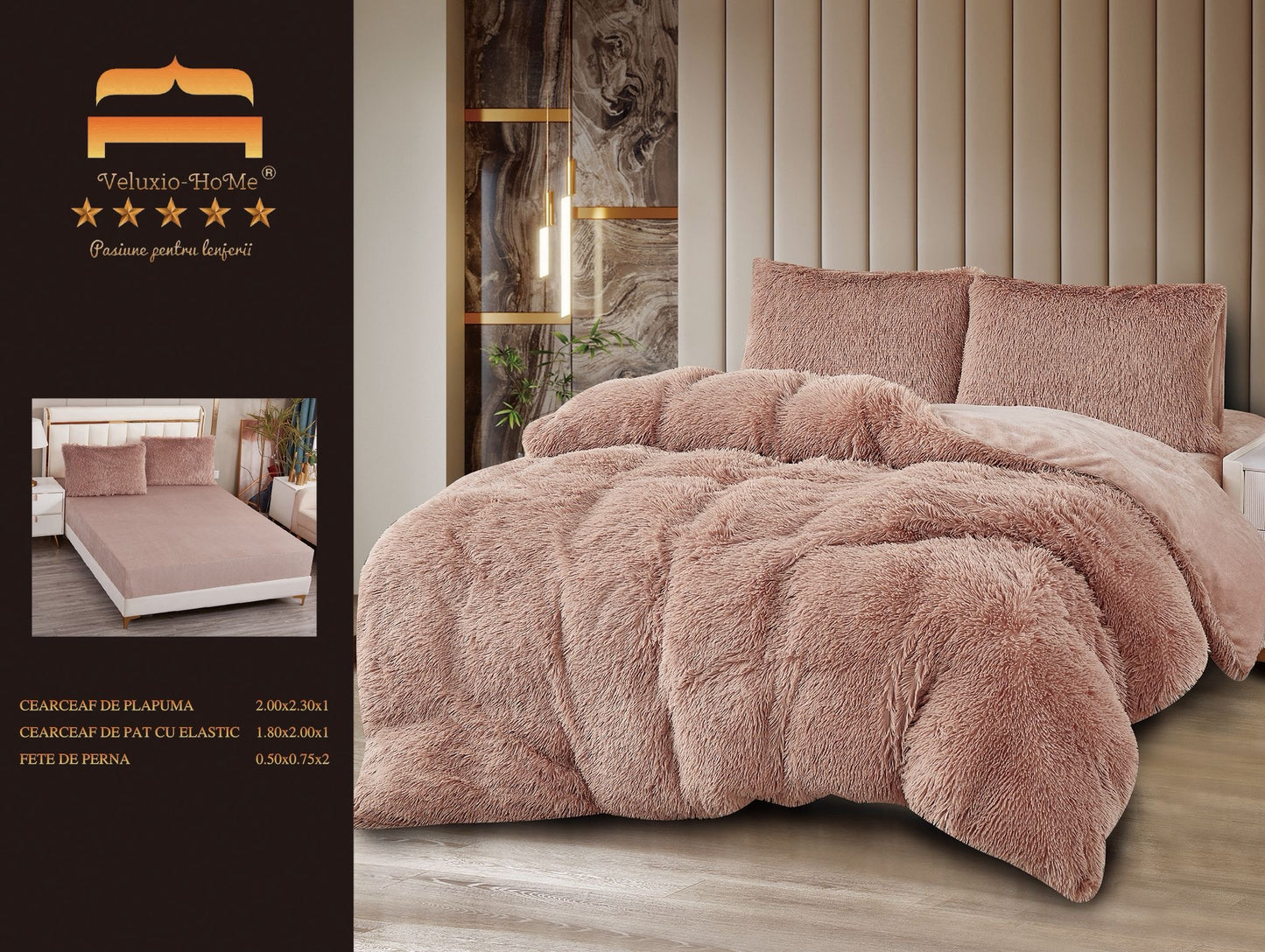 Lenjerie Cocolino Fluffy Pufoasa, cu Elastic, 4 Piese, Cappuccino-M10325