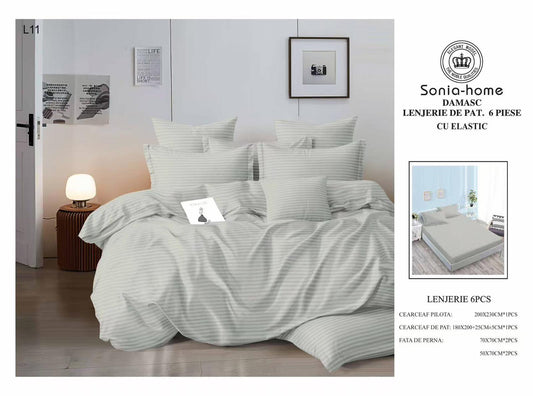 Lenjerie Bumbac Damasc 6 Piese cu Elastic, Gri Deschis-S8555