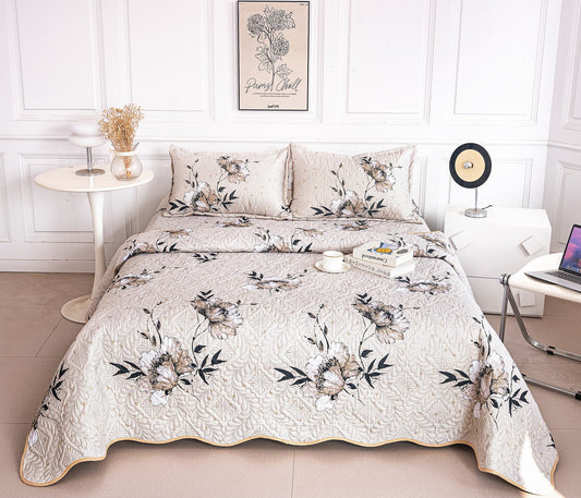 Cuvertura De Pat 3 Piese, din Bumbac Satinat, Floricele-A9839