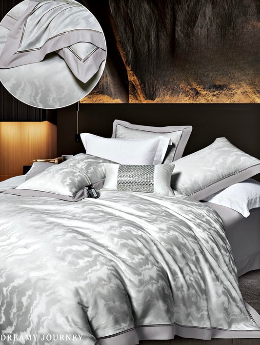 Lenjerie Luxury din Bumbac Satinat Premium, 4 Piese, Gri/Valuri-CF10301