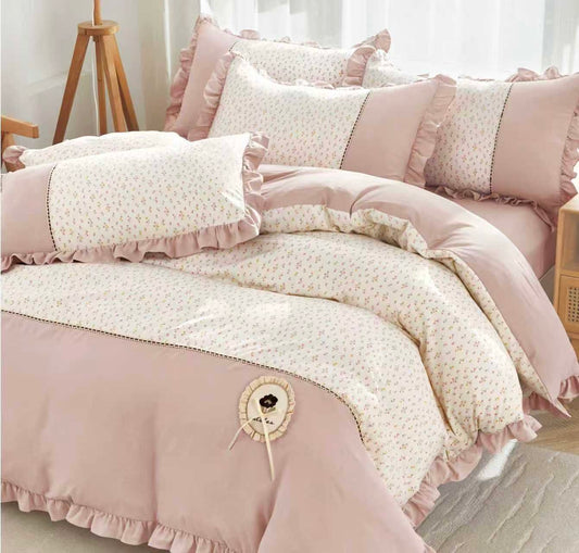 Lenjerie Bumbac Finet Premium 4 Piese cu Volanase, Roz Inchis/Floricele-M10534