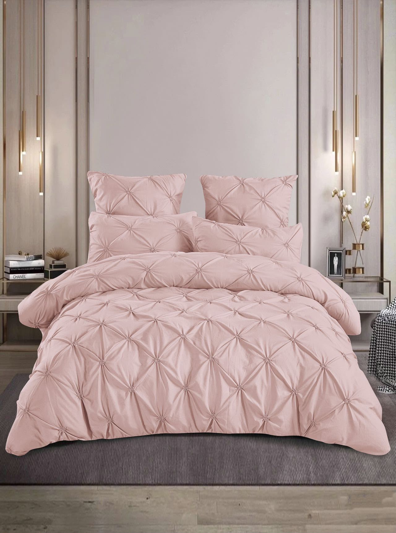 Lenjerie Bumbac Premium 6 Piese cu Pliuri Brodate, Roz Prafuit-M10217