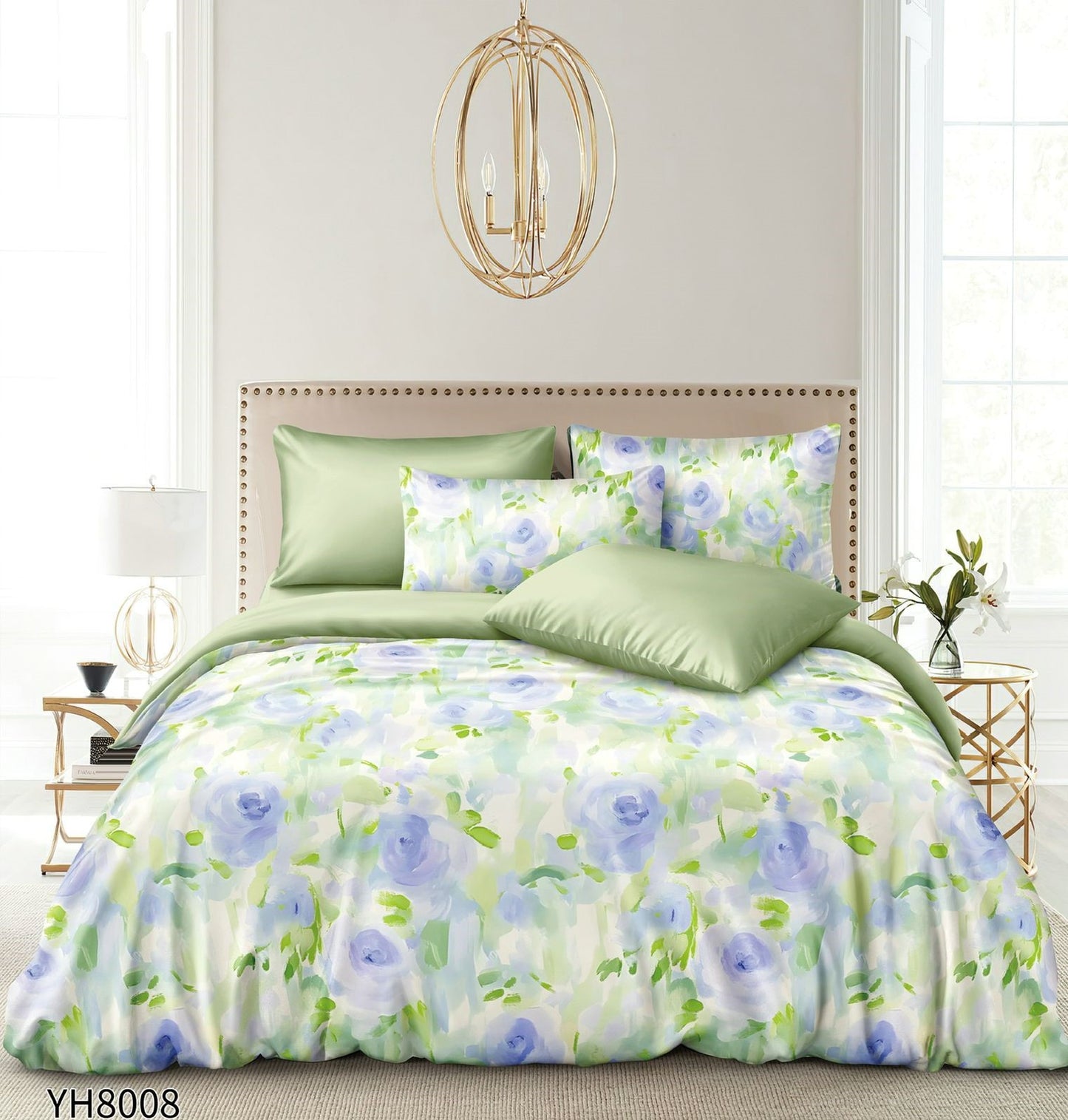 Lenjerie Pat Dublu din Satin, 4 Piese, cu Elastic, Floricele-P9925