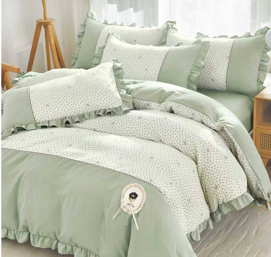 Lenjerie Bumbac Finet Premium 4 Piese cu Volanase, Verde Fistic/Fundite-M10532