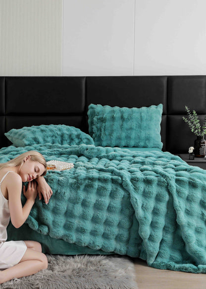 Lenjerie Luxury ExtraPufoasa, din Blanita Artificiala Tip Iepure, 6 piese, Turcoaz