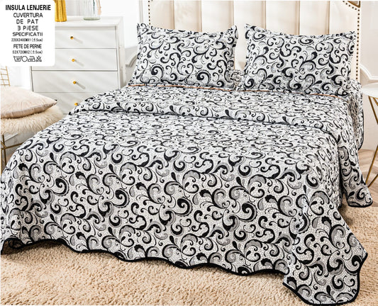 Cuvertura De Pat 3 Piese, din Bumbac Satinat, Alb/Negru-A5923