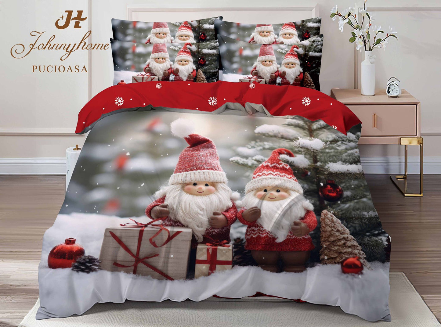 Lenjerie Pat Dublu din Finet, 6 Piese, Imprimeu Craciun Identic cu Poza-C10041