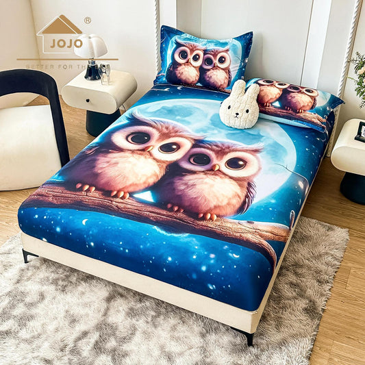 Husa de Pat cu Elastic, din Finet, 160x200cm+2 Fete de Perna, Imprimeu Digital, Bufnite-C10153