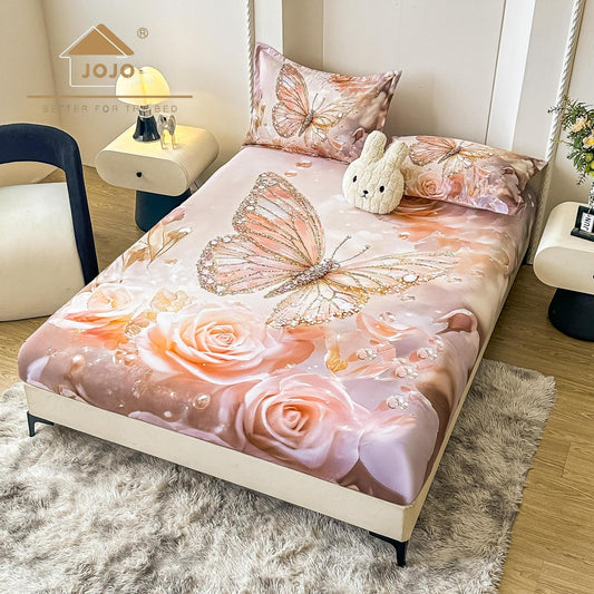 Husa de Pat cu Elastic, din Finet, 160x200cm+2 Fete de Perna, Imprimeu Digital, Fluture-C10154