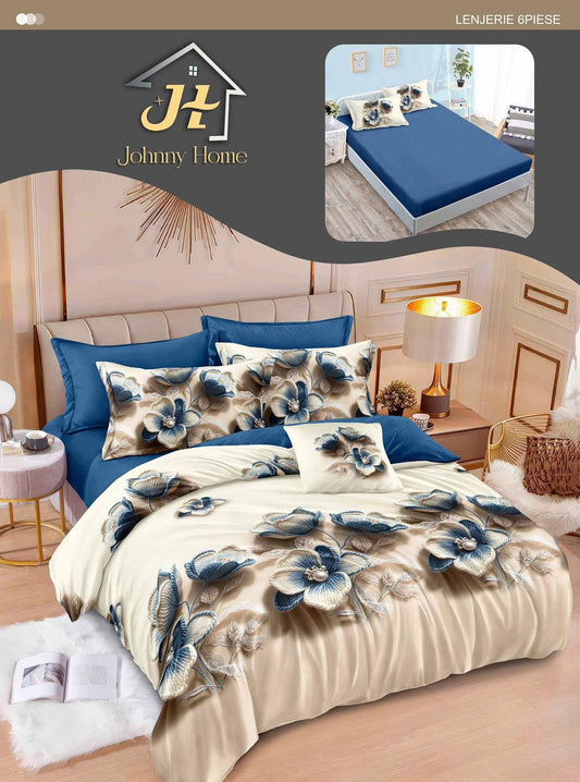 Lenjerie Pat Dublu din Finet, 6 Piese, cu Elastic, Flori-H10992