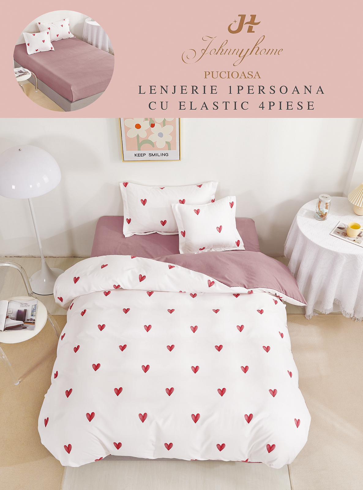 Lenjerie Finet 4 Piese 1 Persoana, cu Elastic, Inimioare-H9043